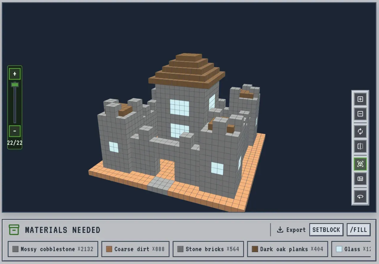 Mesa de trabajo del generador con IA de Minecraft con un castillo generado en la vista previa 3D, el control de capas y la fila de materiales