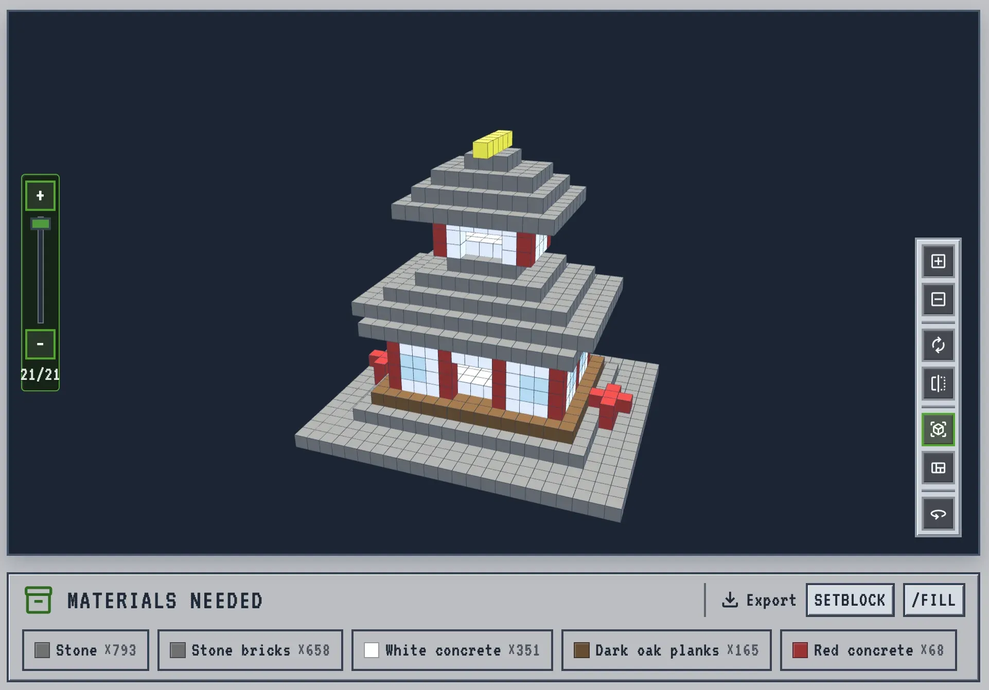 AI-generated Minecraft build shown in a 3D preview with a per-block material list