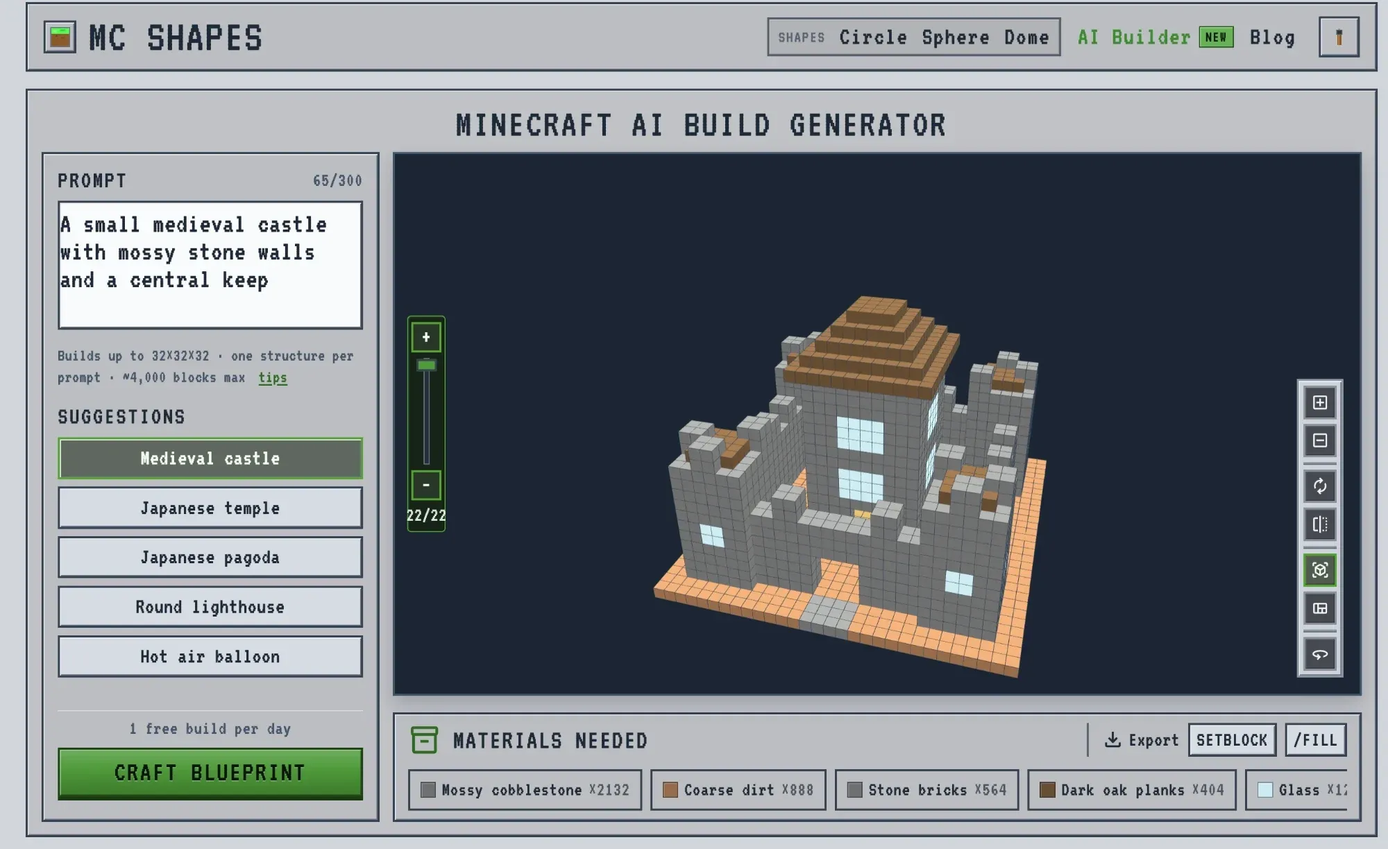 The AI Minecraft build generator with a prompt and a 3D blueprint preview