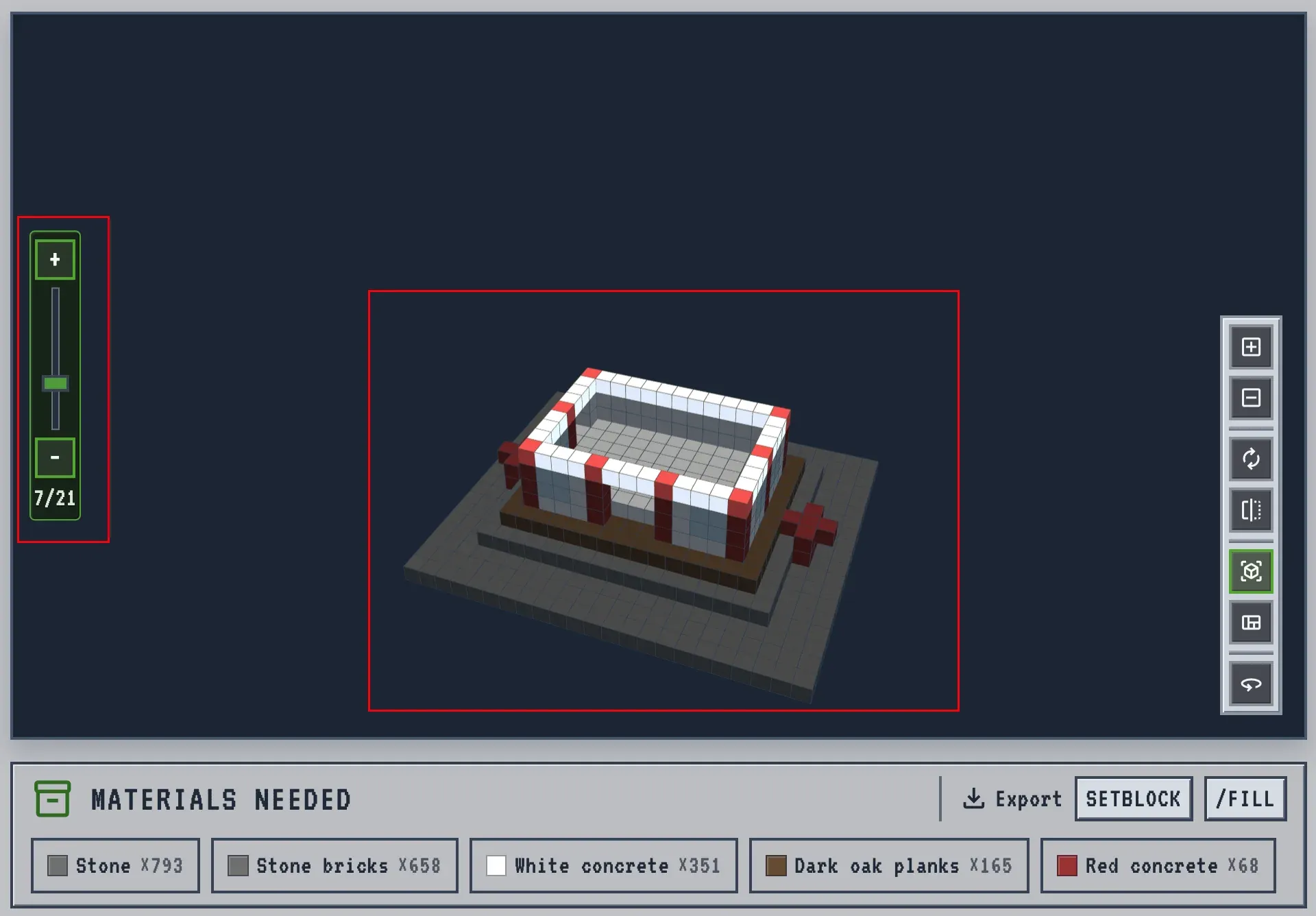 Layer slider on the AI Minecraft build generator slicing a build to a single Y-level, showing the hollow interior