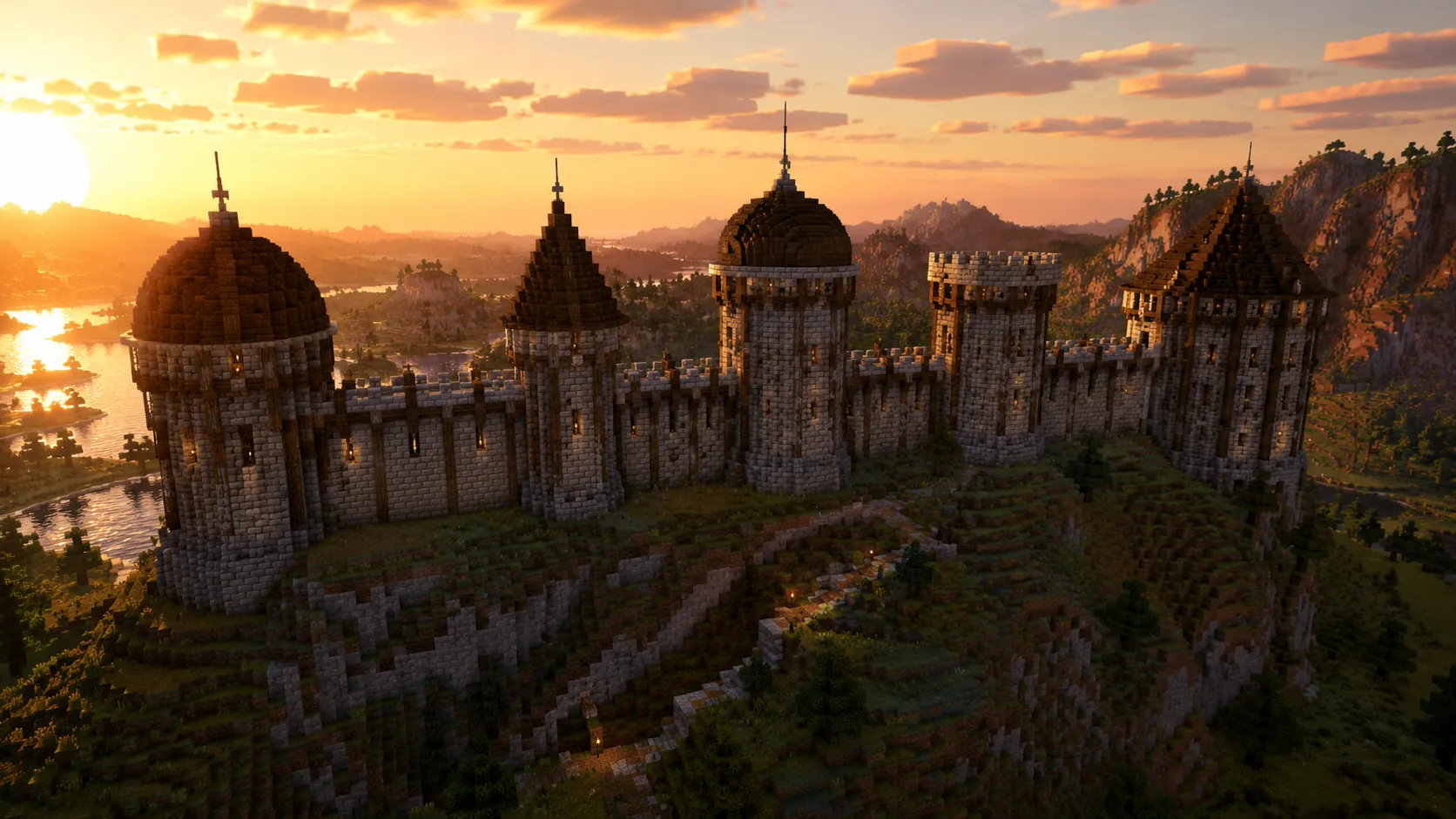 A Minecraft castle ring wall with five round towers