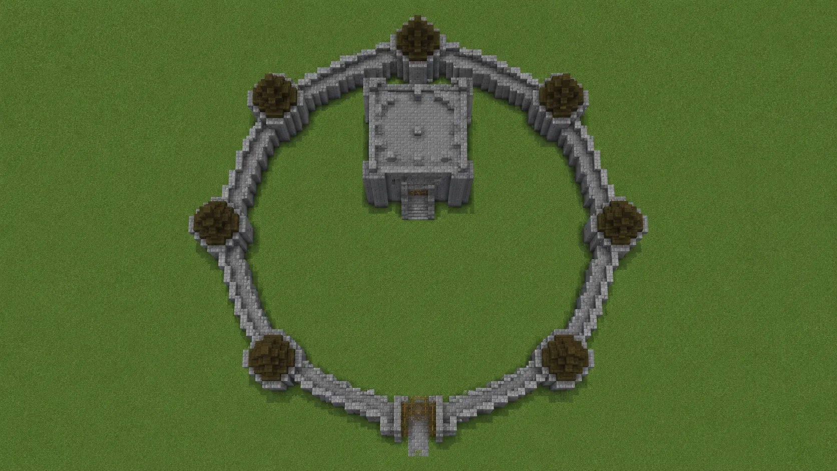 Top-down view of a Minecraft round castle with a stepped 80-diameter ring wall, seven flanking towers, a gatehouse, and the keep offset toward the back