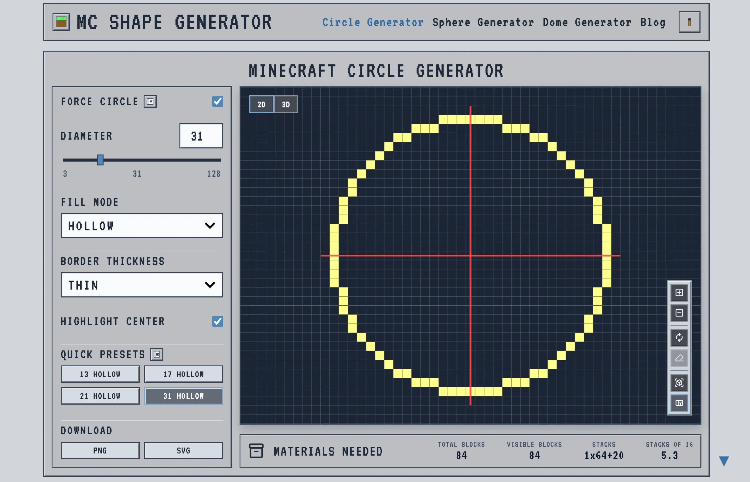 A 31 block Minecraft circle measured at 84 blocks in the generator