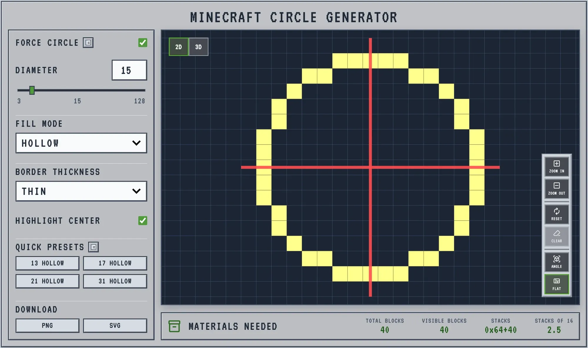 15 block circle in the Minecraft circle generator showing 40 total blocks and a single centre block