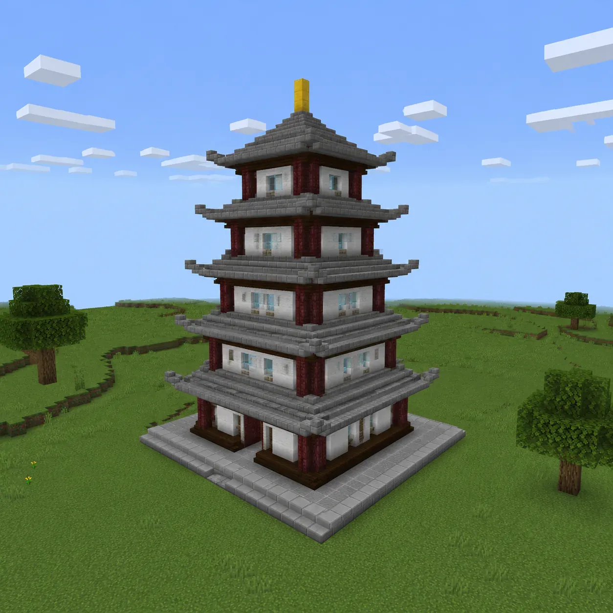Pagoda de Minecraft de cinco niveles en piedra gris con pilares rojo oscuro, construida a partir de un plano generado con IA