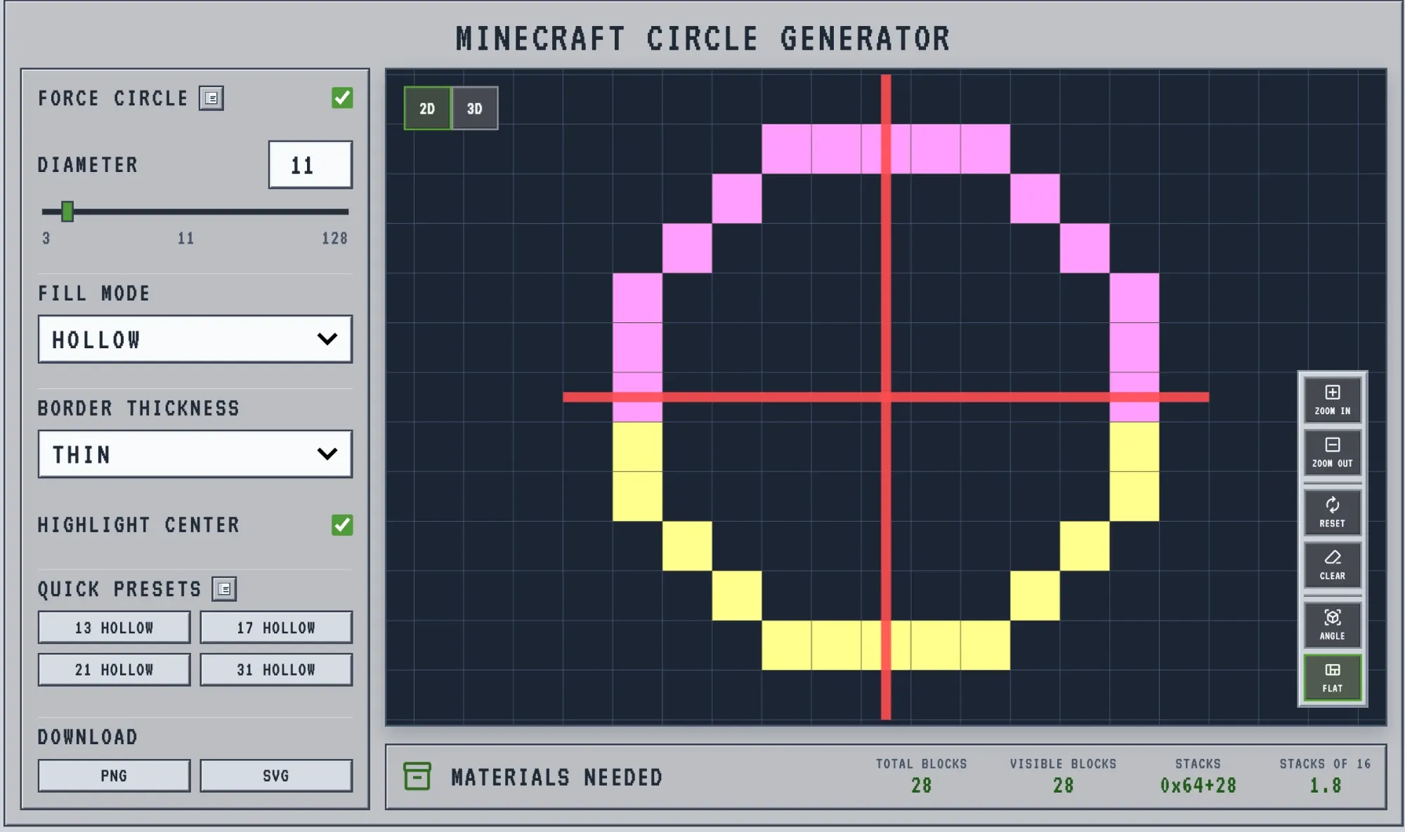 Minecraft arch pattern marked on an 11-block hollow circle in the circle generator