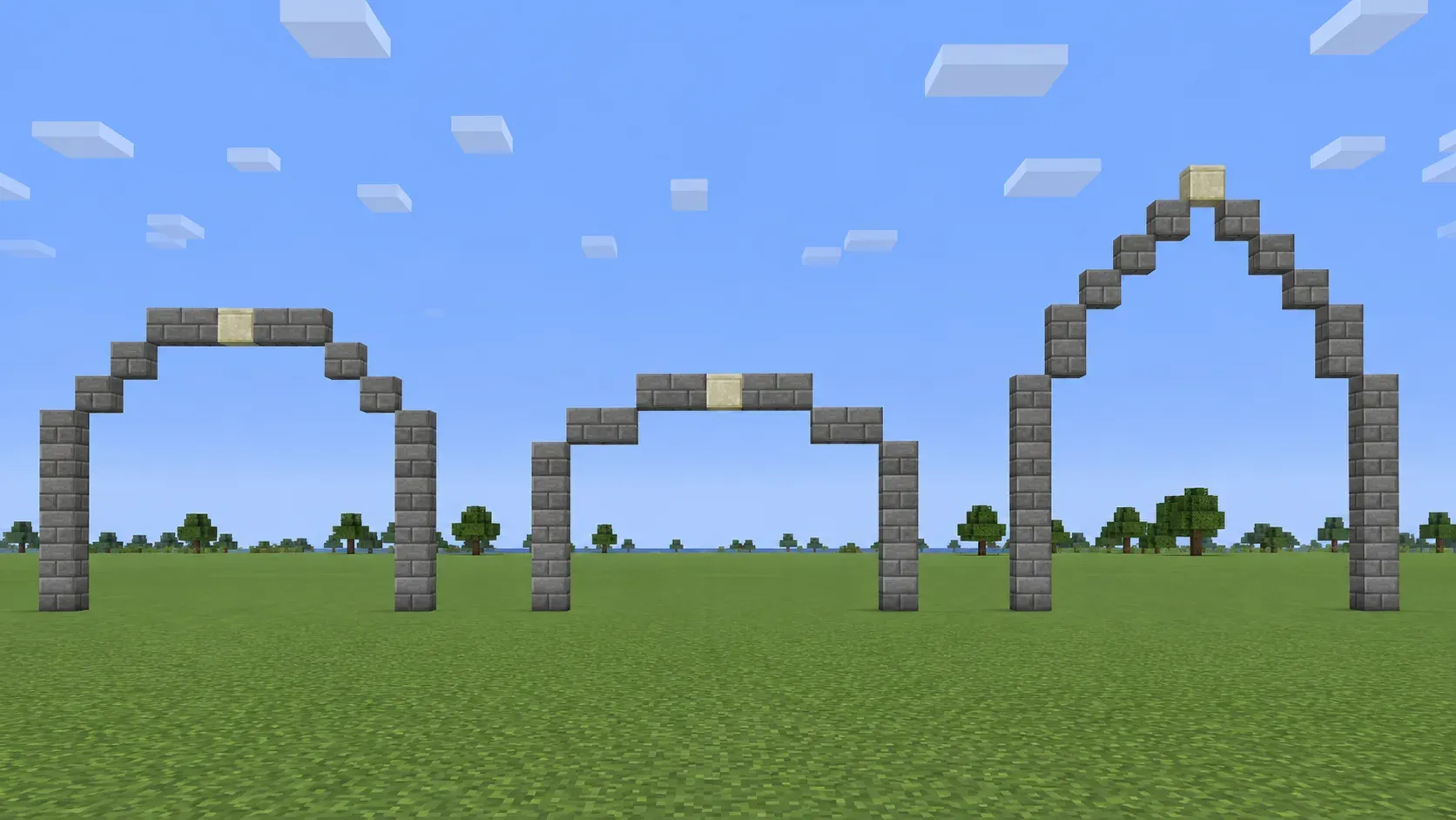 Minecraft arches compared over a 9-block doorway: round, flattened and pointed