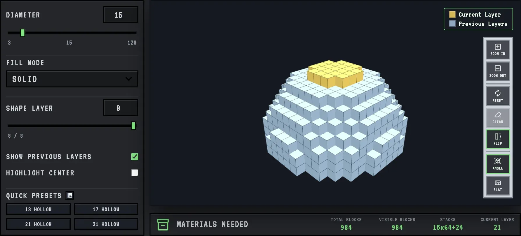 A 15 block wide solid dome in the MC Shapes dome generator, 984 blocks, the shape of an umbrella tree canopy