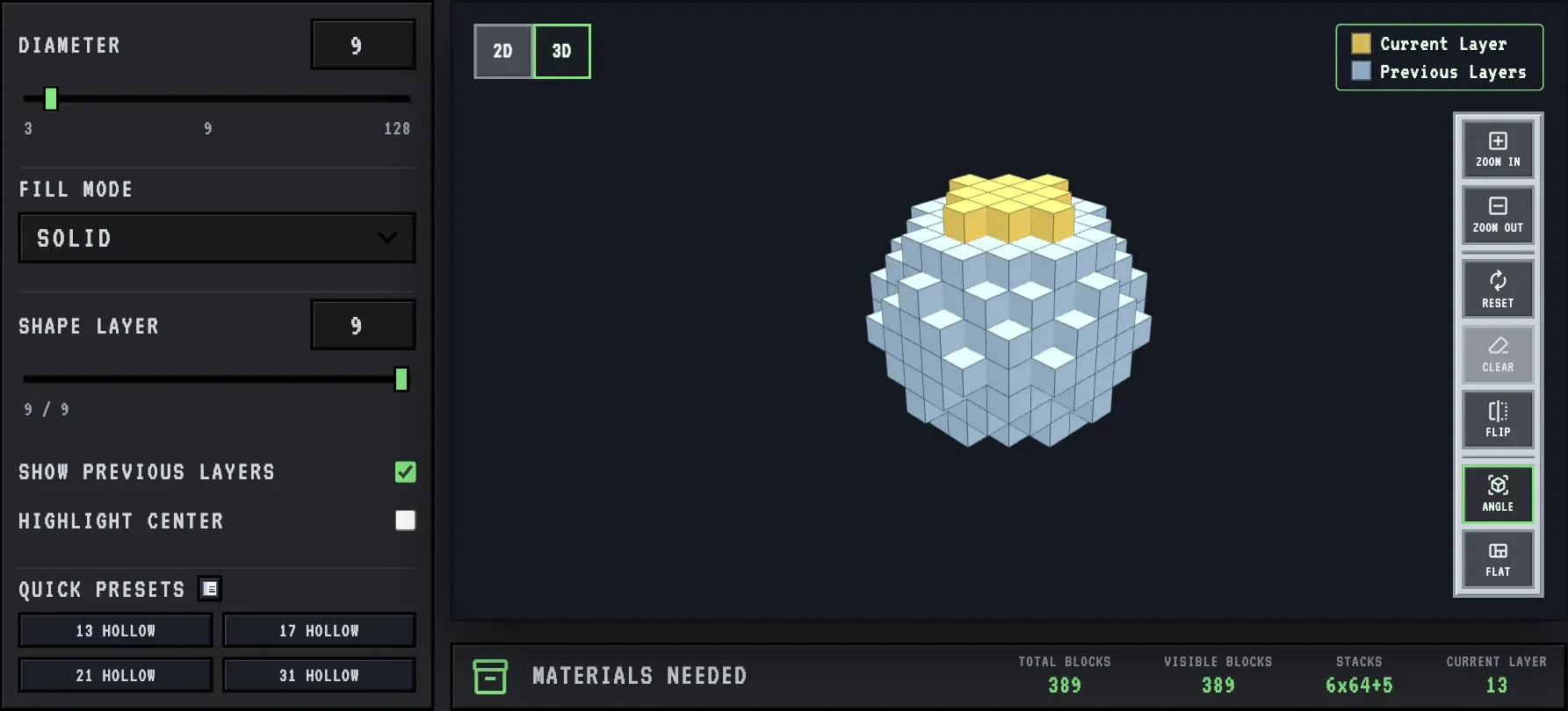 A 9 block wide solid sphere in the MC Shapes sphere generator, 389 blocks, a smaller canopy for a side branch