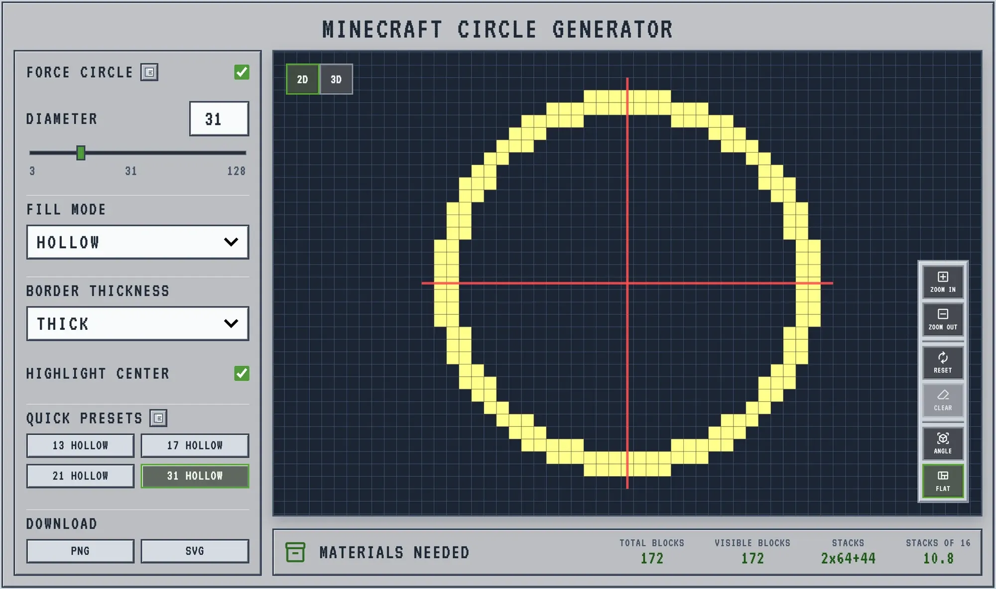 31 block circle base wall in the Minecraft circle generator: thick border, 172 blocks per layer, single centre block