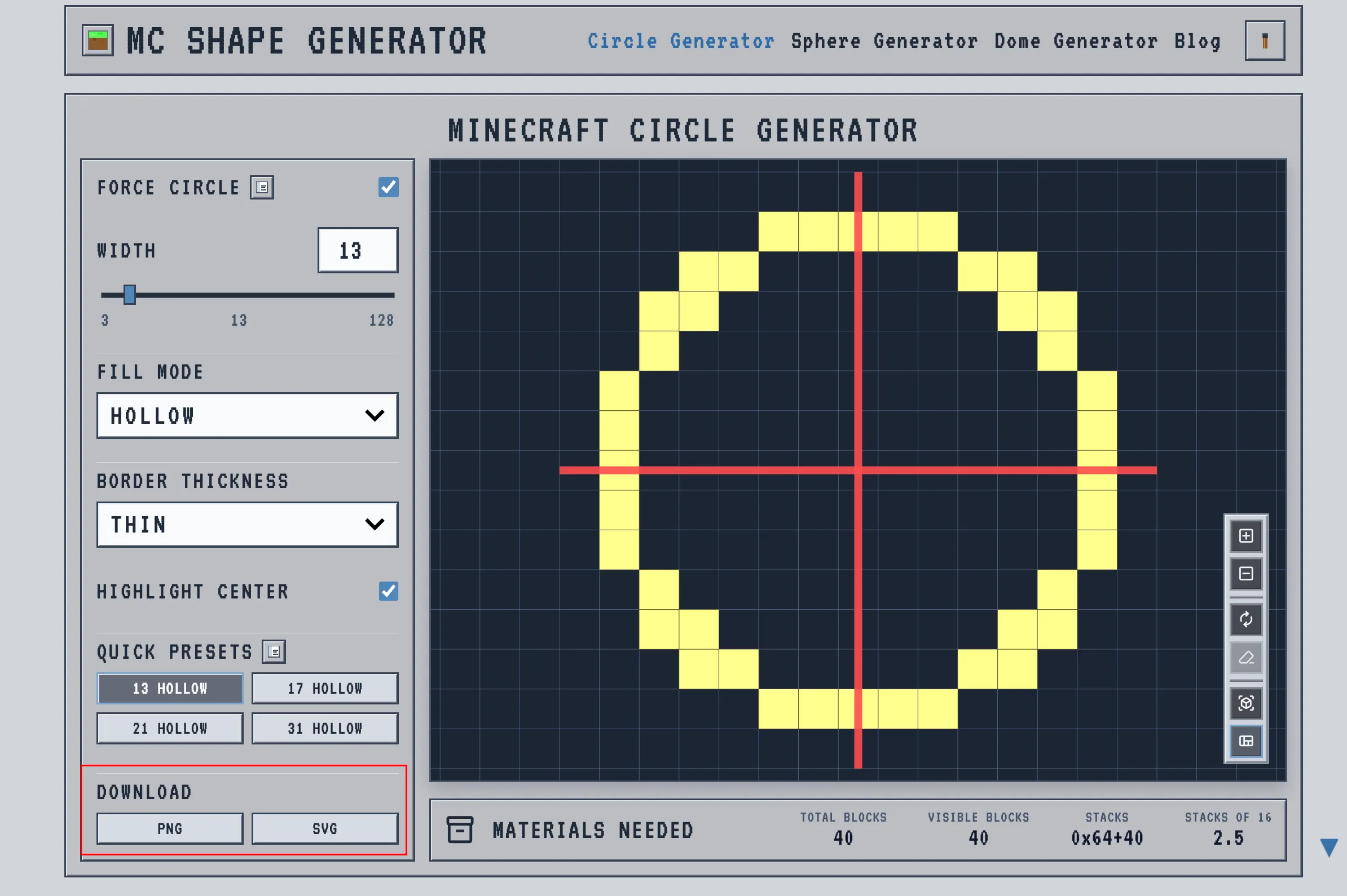 Minecraft circle generator Download buttons for exporting the blueprint as PNG or SVG