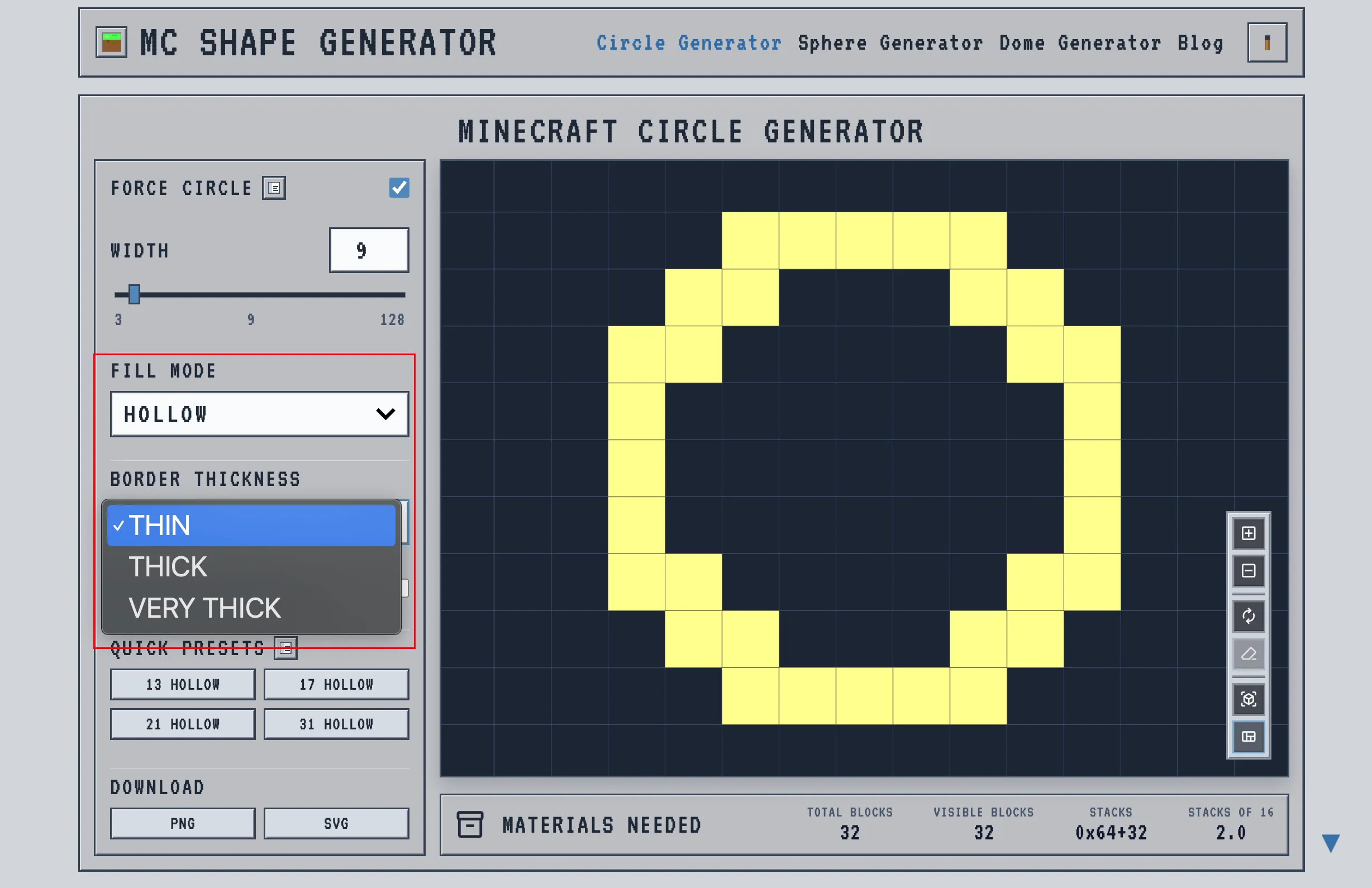 Minecraft circle generator showing hollow fill mode and border thickness