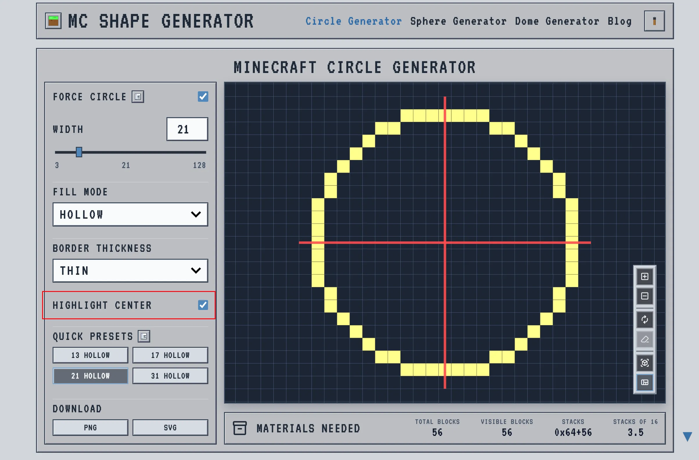 Minecraft circle generator top-down view with Highlight Center on, showing the red axes crossing the ring