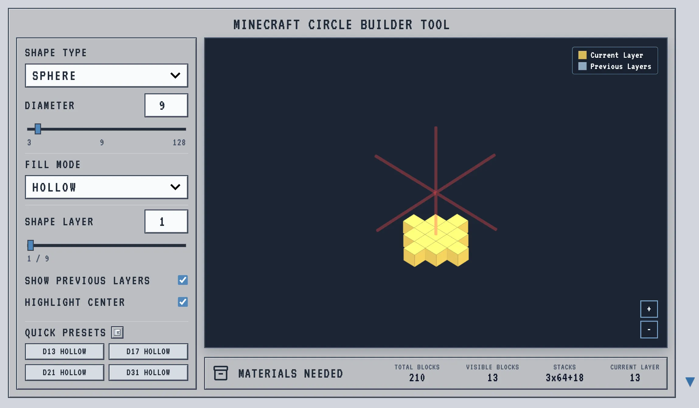 Minecraft circle generator with the highlight center axis toggle enabled