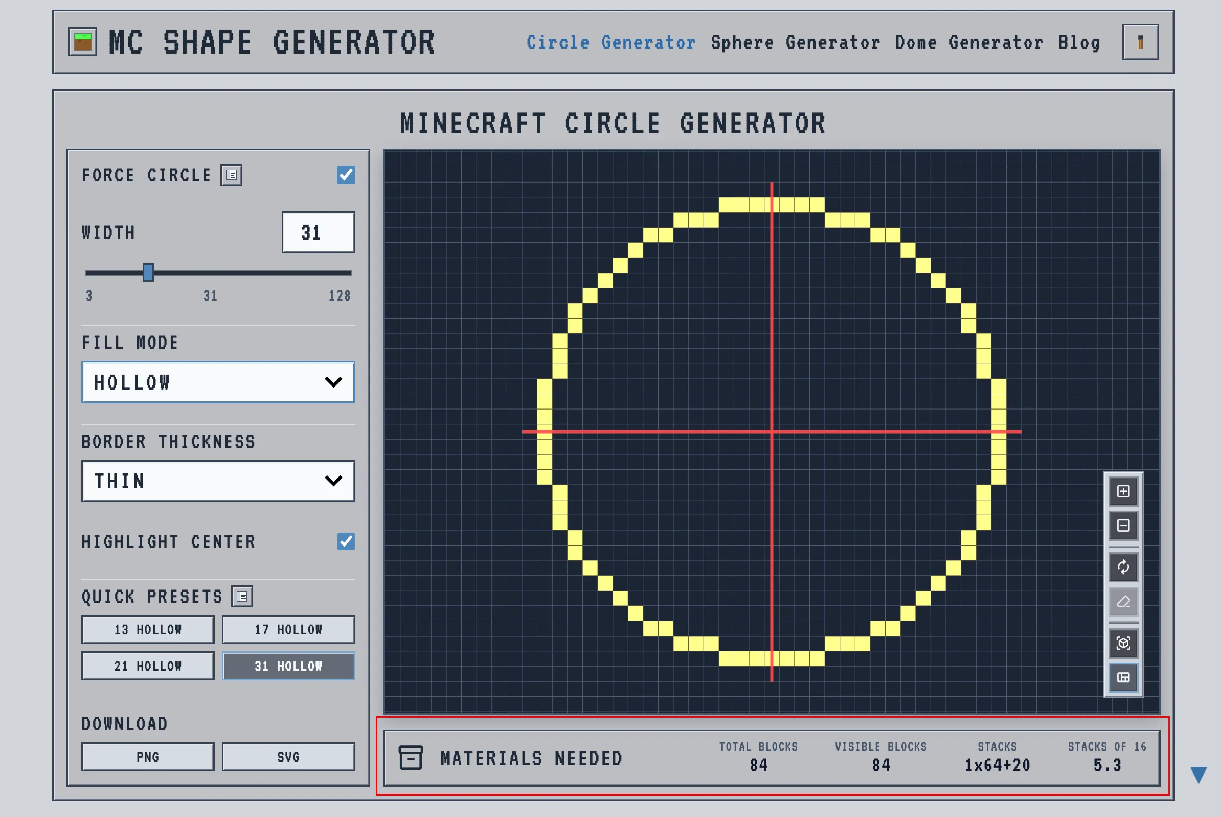 Minecraft circle generator Materials Needed panel showing Total, Visible, Stacks, and Stacks of 16