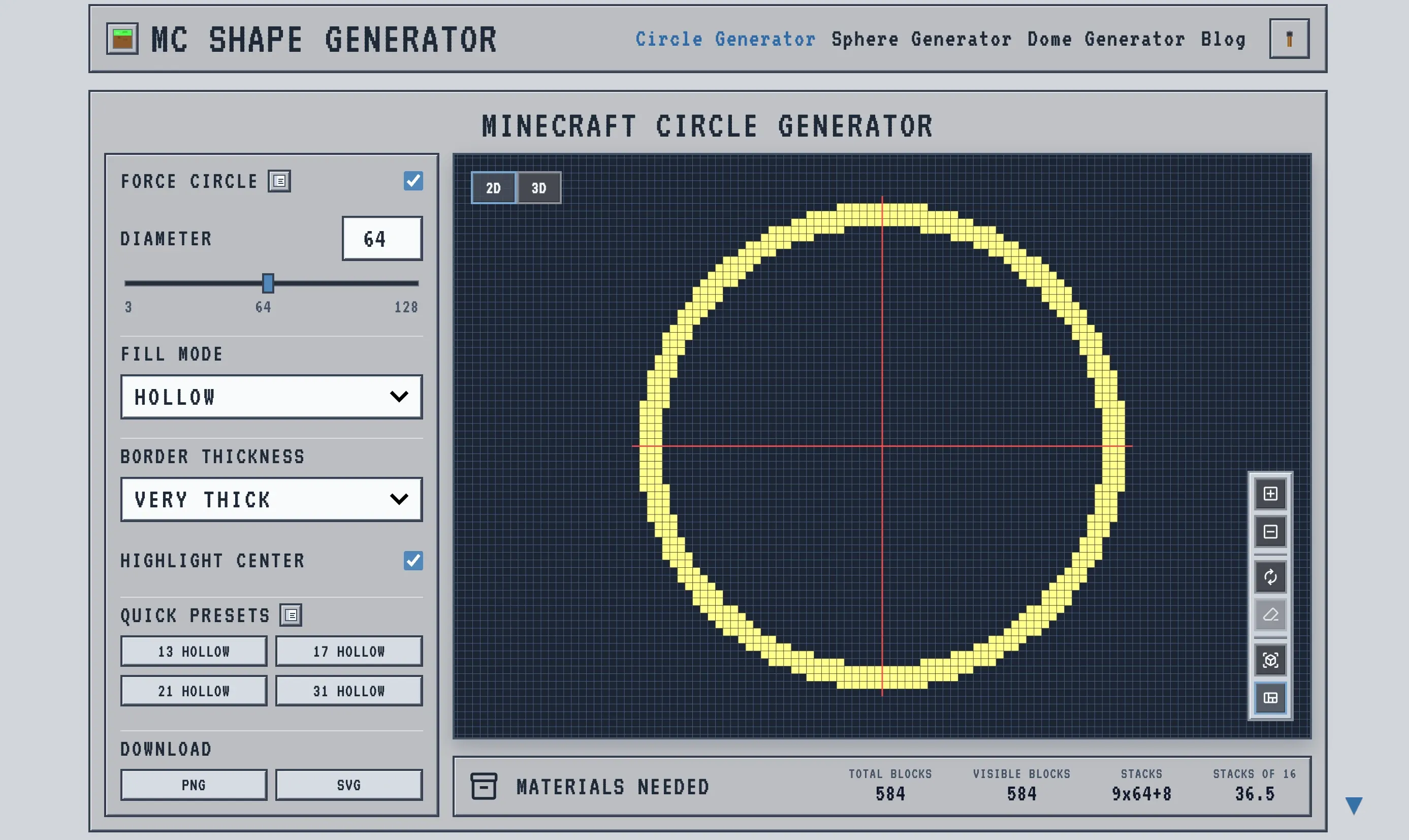 Minecraft Circle Generator showing a 64-block hollow ring with a very thick border, block counts and a red center crosshair