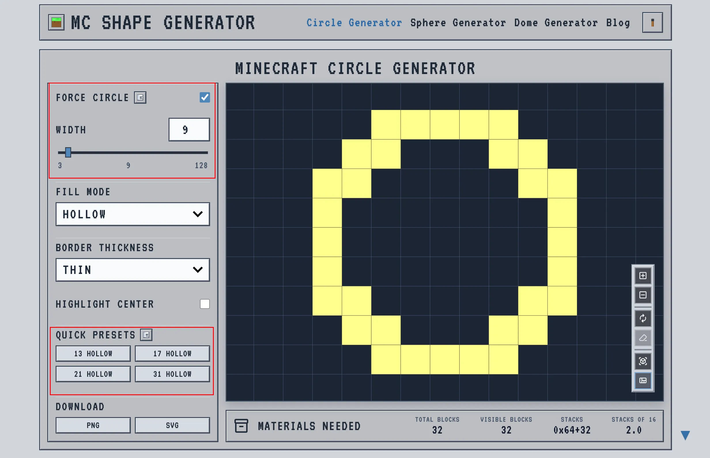 Minecraft circle generator sidebar with Force Circle locked and the Width slider set, plus the Quick Preset buttons