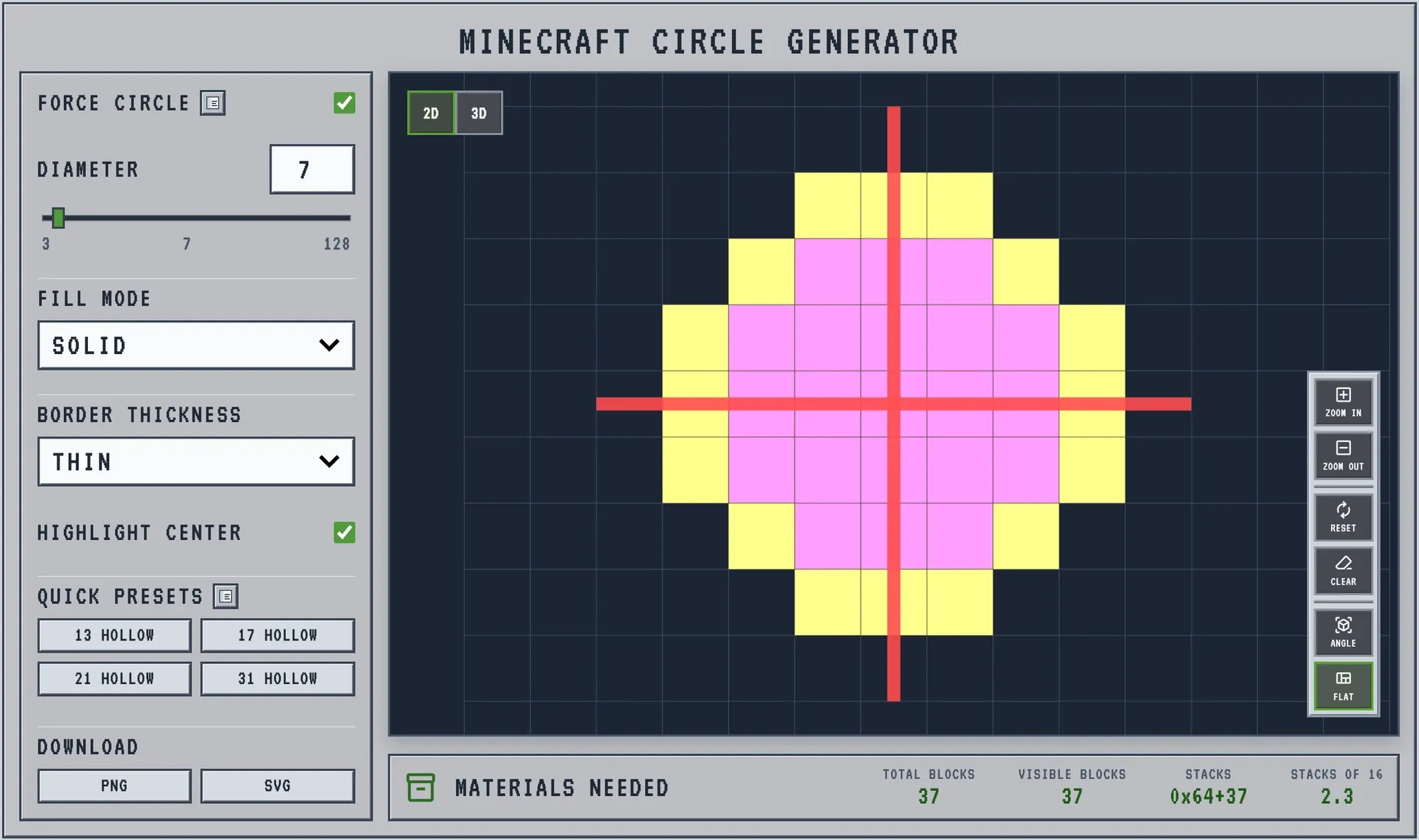 Minecraft circle window 7 blocks wide in the circle generator, 16 frame blocks around 21 glass