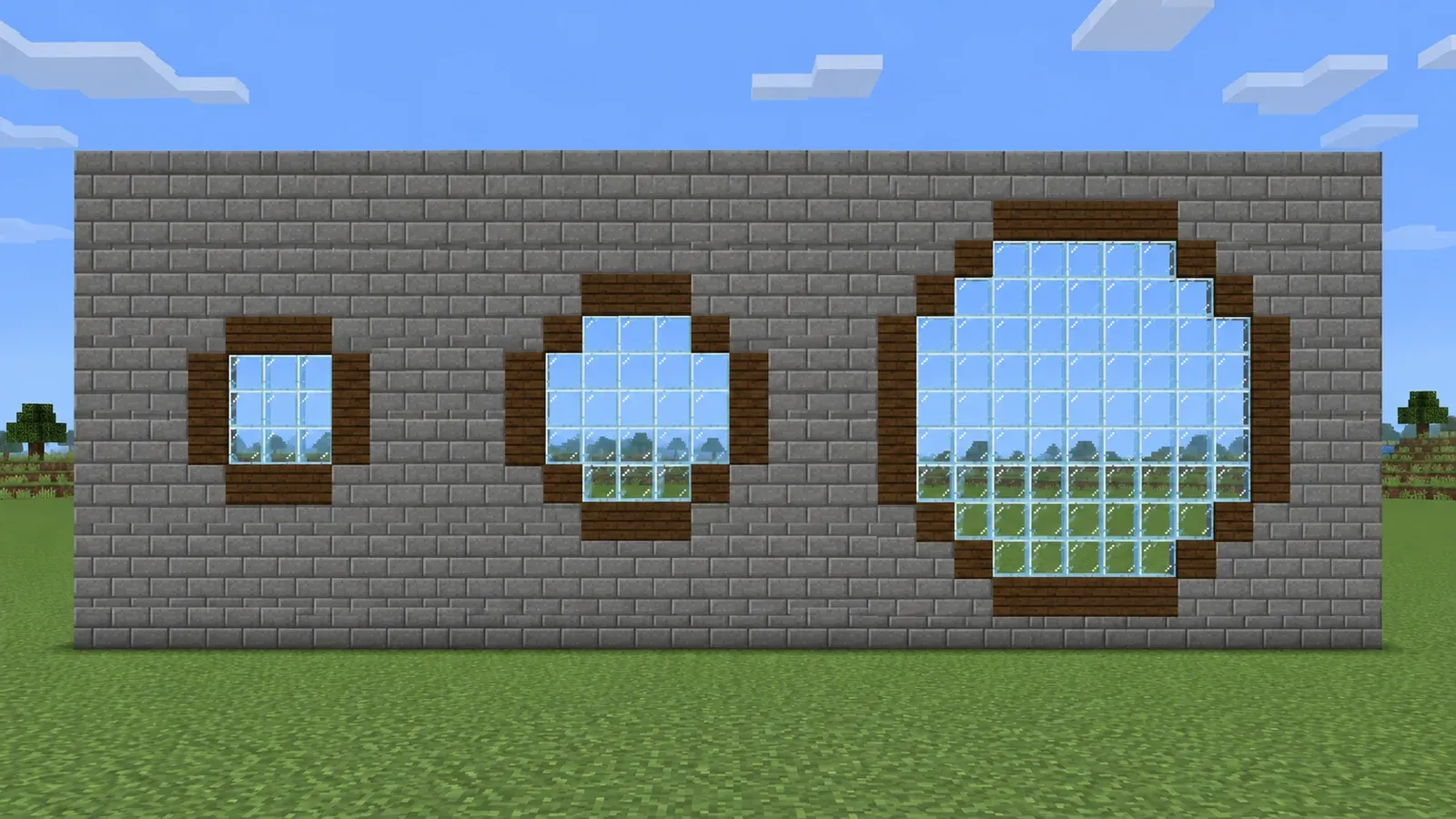 Minecraft circle window sizes compared on a stone brick wall: 5, 7 and 11 blocks wide