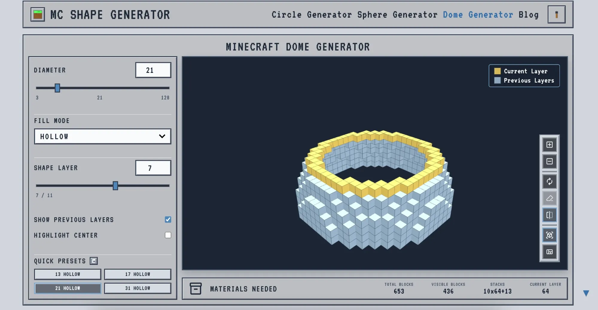 Minecraft dome generator layer slider showing per-layer block counts