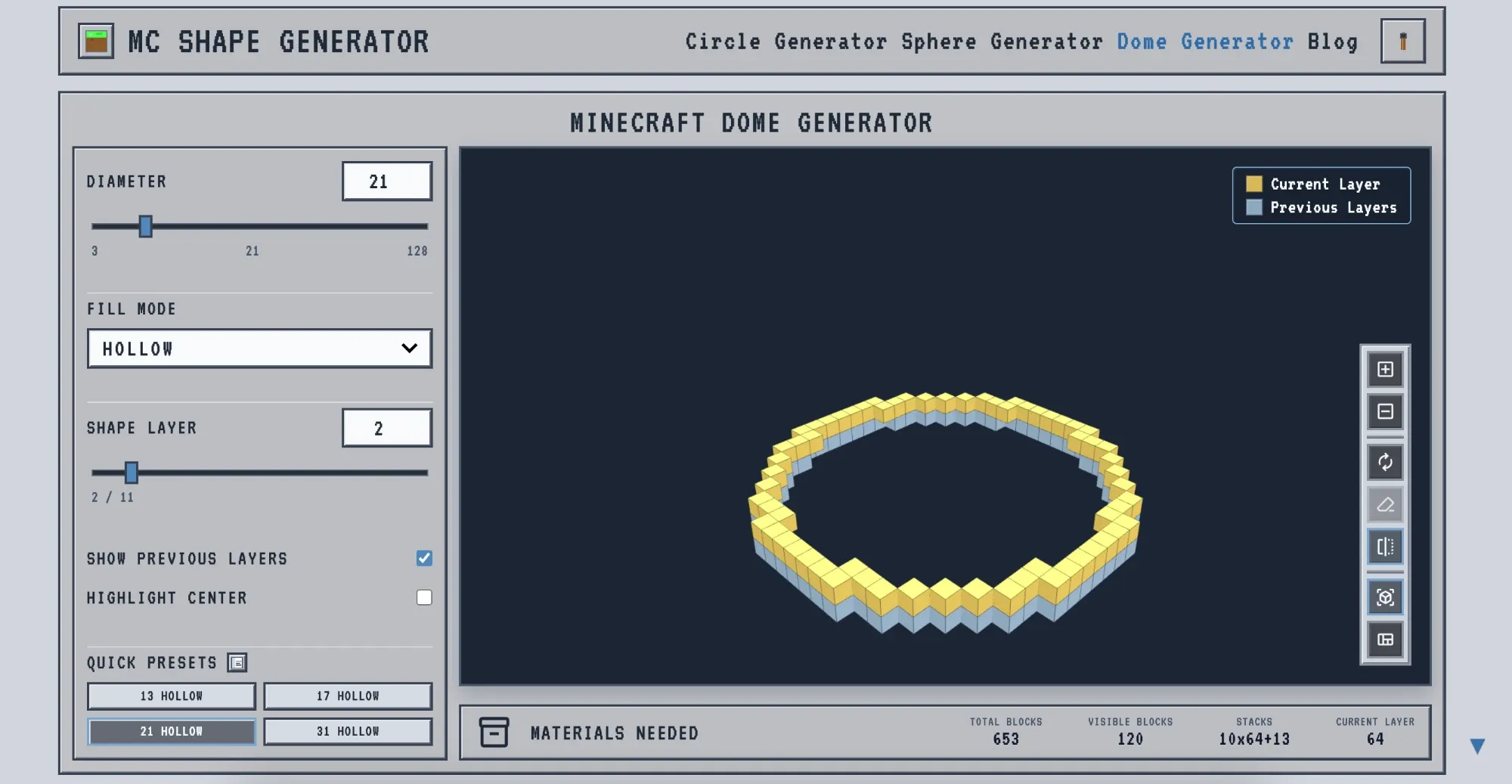 Minecraft dome generator Materials panel showing 653 total blocks and 10x64+13 stacks for a 21-block dome