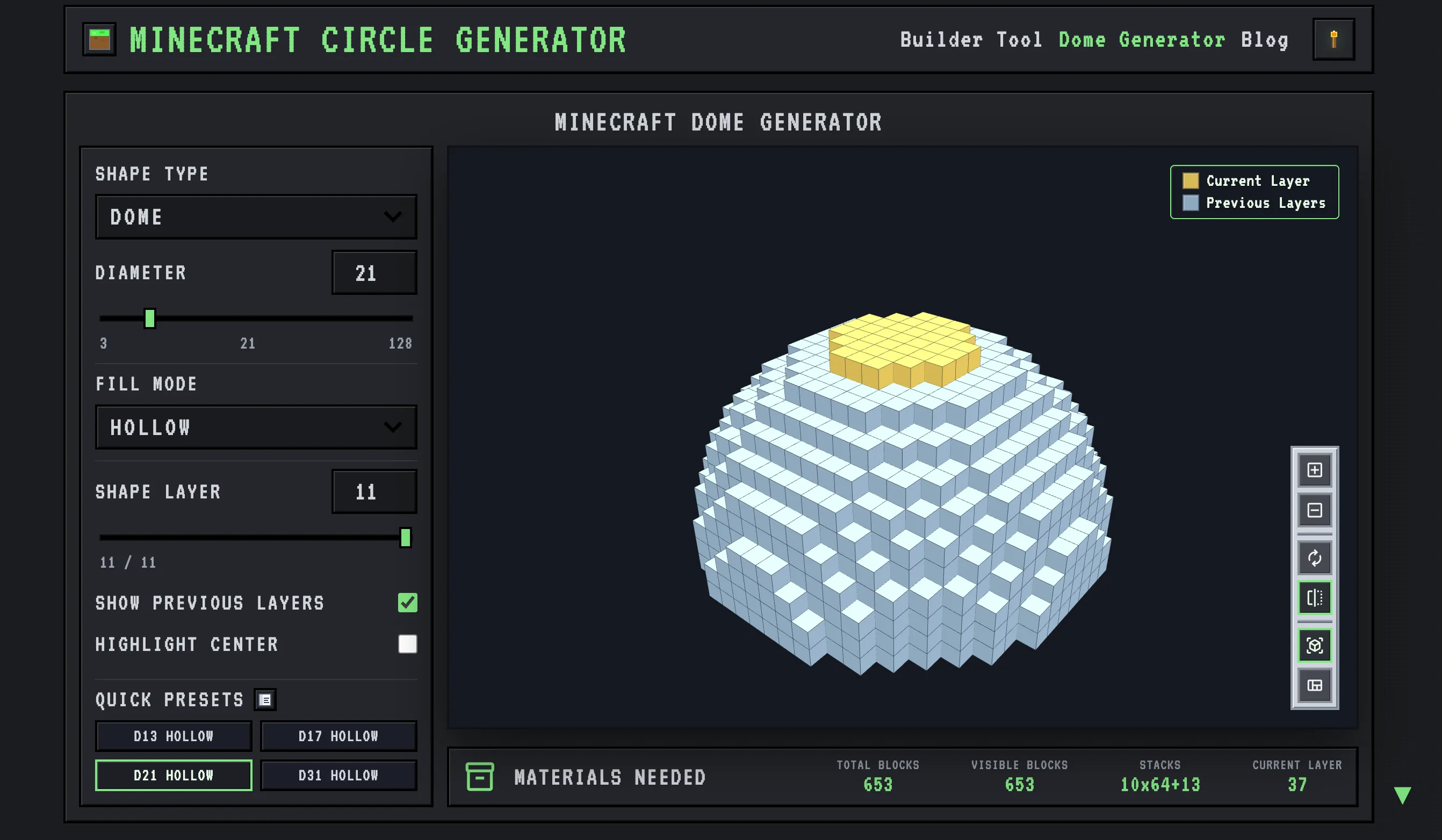 Minecraft dome generator preview with the dome flipped vertically