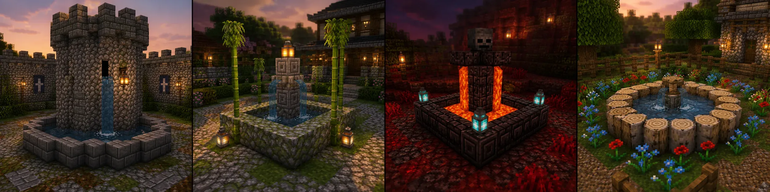 Four themed Minecraft fountain design ideas: medieval, Japanese, skull lava, and cottagecore
