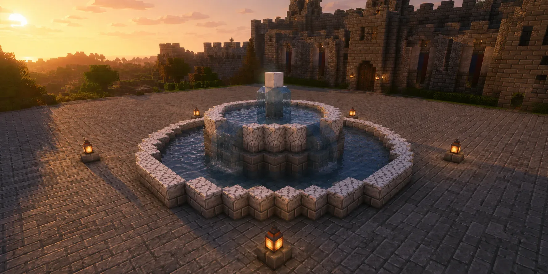 Three round Minecraft fountain designs built from circle blueprints
