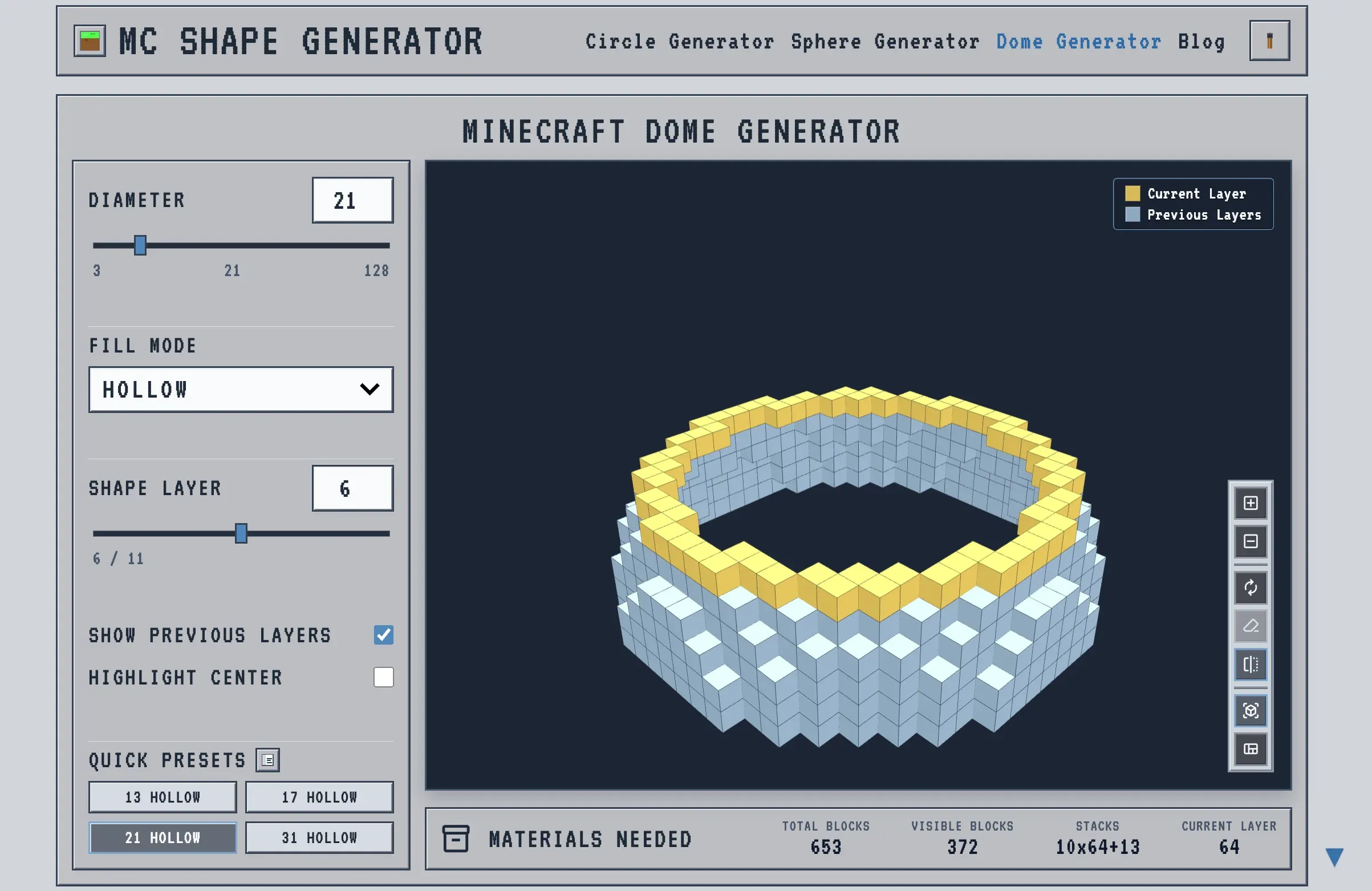 Minecraft dome generator showing a hollow 21-block dome layer by layer with block counts