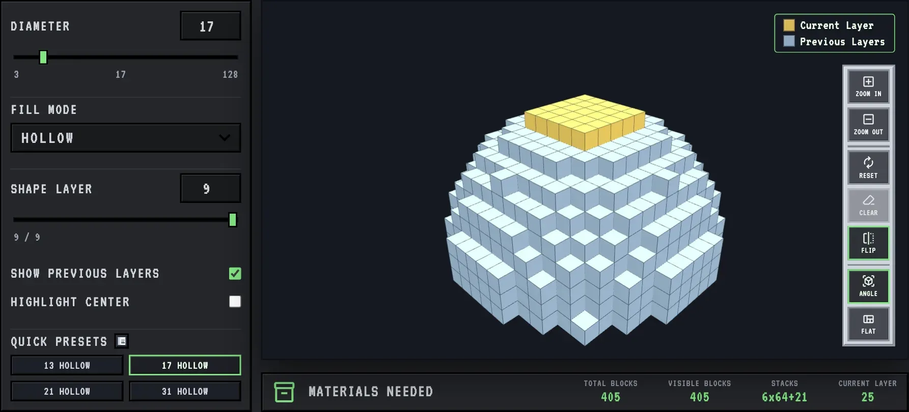 A 17 block wide hollow dome in the MC Shapes dome generator, 405 total blocks, the shell of a hobbit hole
