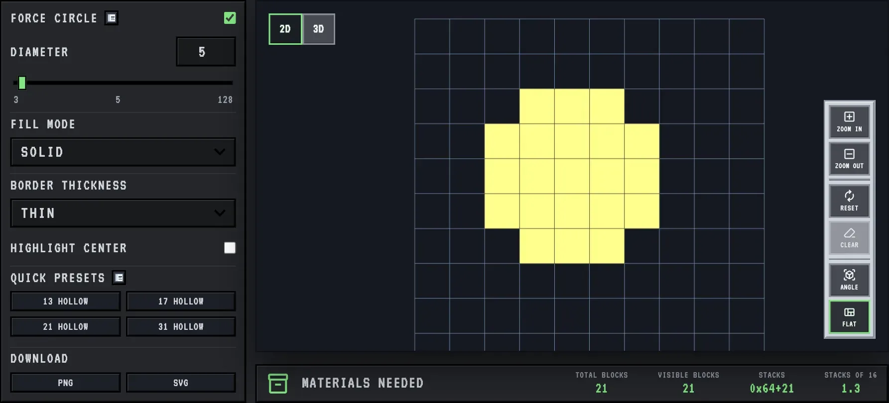 A 5 block wide solid circle in the MC Shapes circle generator, 21 blocks, the opening for a round door