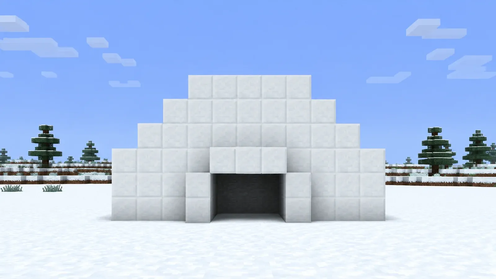 Minecraft igloo build: an 11 block wide snow dome with a low entrance tunnel, front view