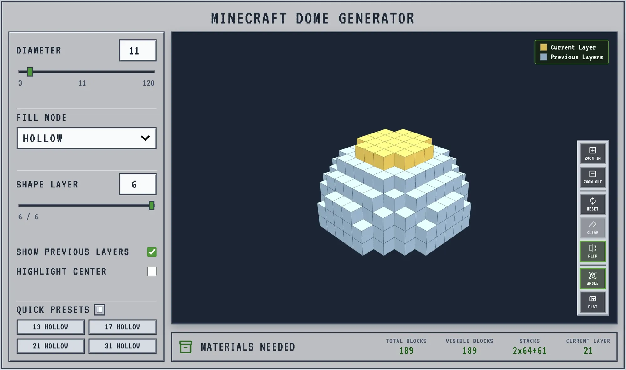 11 block wide igloo shell in the Minecraft dome generator showing 189 total blocks
