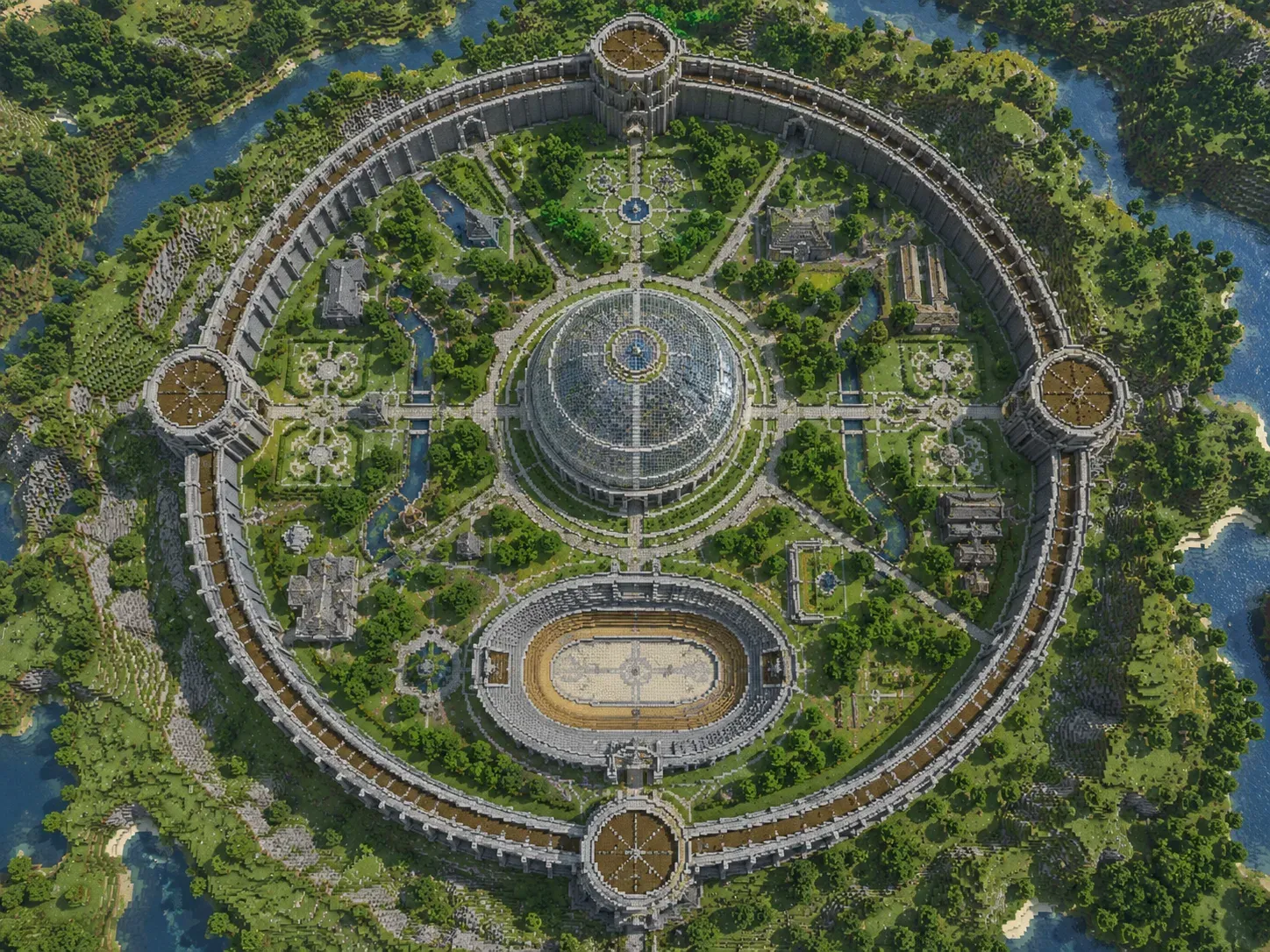 A Minecraft mega base laid out on circular and domed footprints