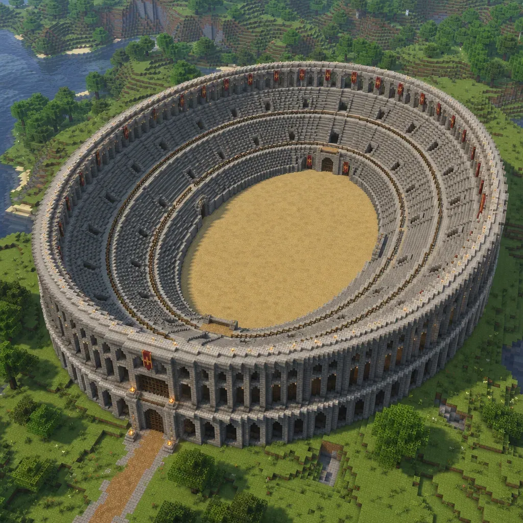 Minecraft oval coliseum arena built from a 61x41 ellipse with tiered stone seating