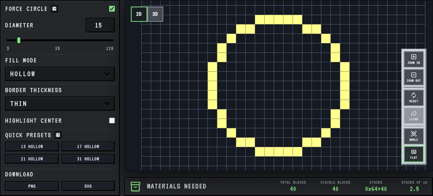 A 15 block wide hollow circle in the MC Shapes circle generator, 40 blocks, one layer of the observatory's round wall