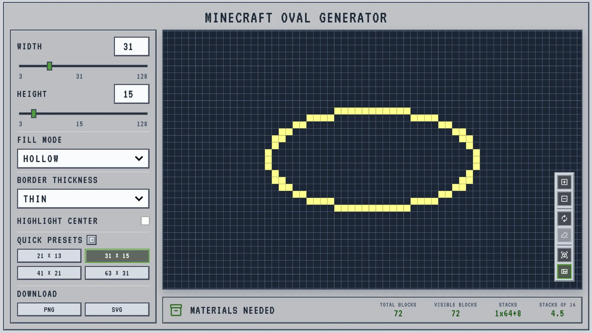 The Minecraft Oval Generator showing a 31 by 15 hollow ellipse with the width and height sliders set apart