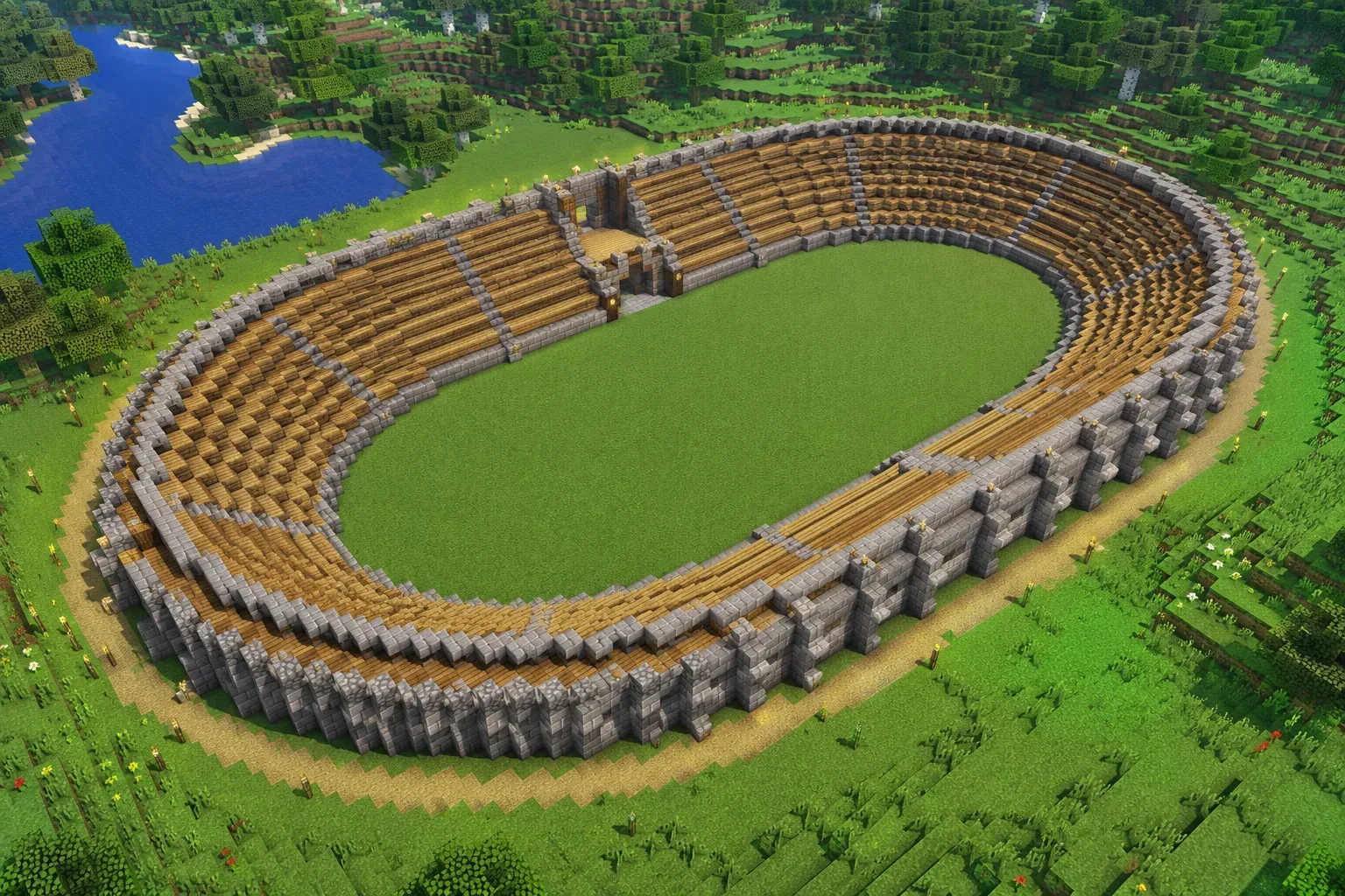 An oval Minecraft stadium built from an ellipse blueprint