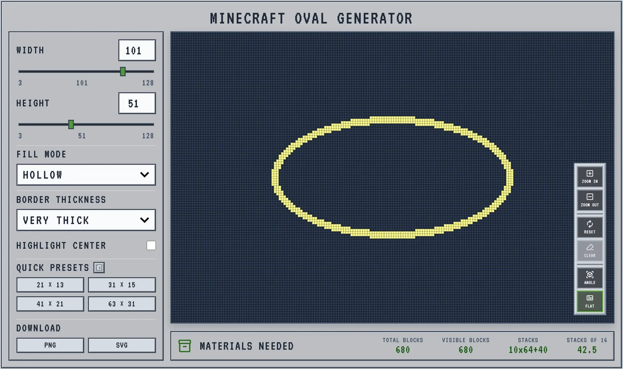 Minecraft race track blueprint in the oval generator: a 101 by 51 oval with a very thick border, 680 blocks