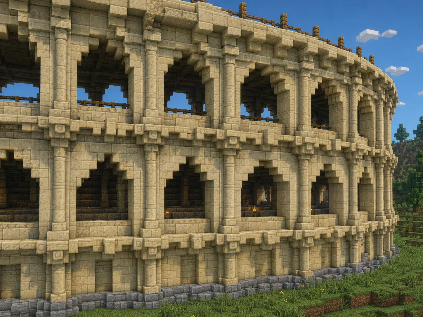 Minecraft colosseum arched outer facade with repeating Roman arches and columns