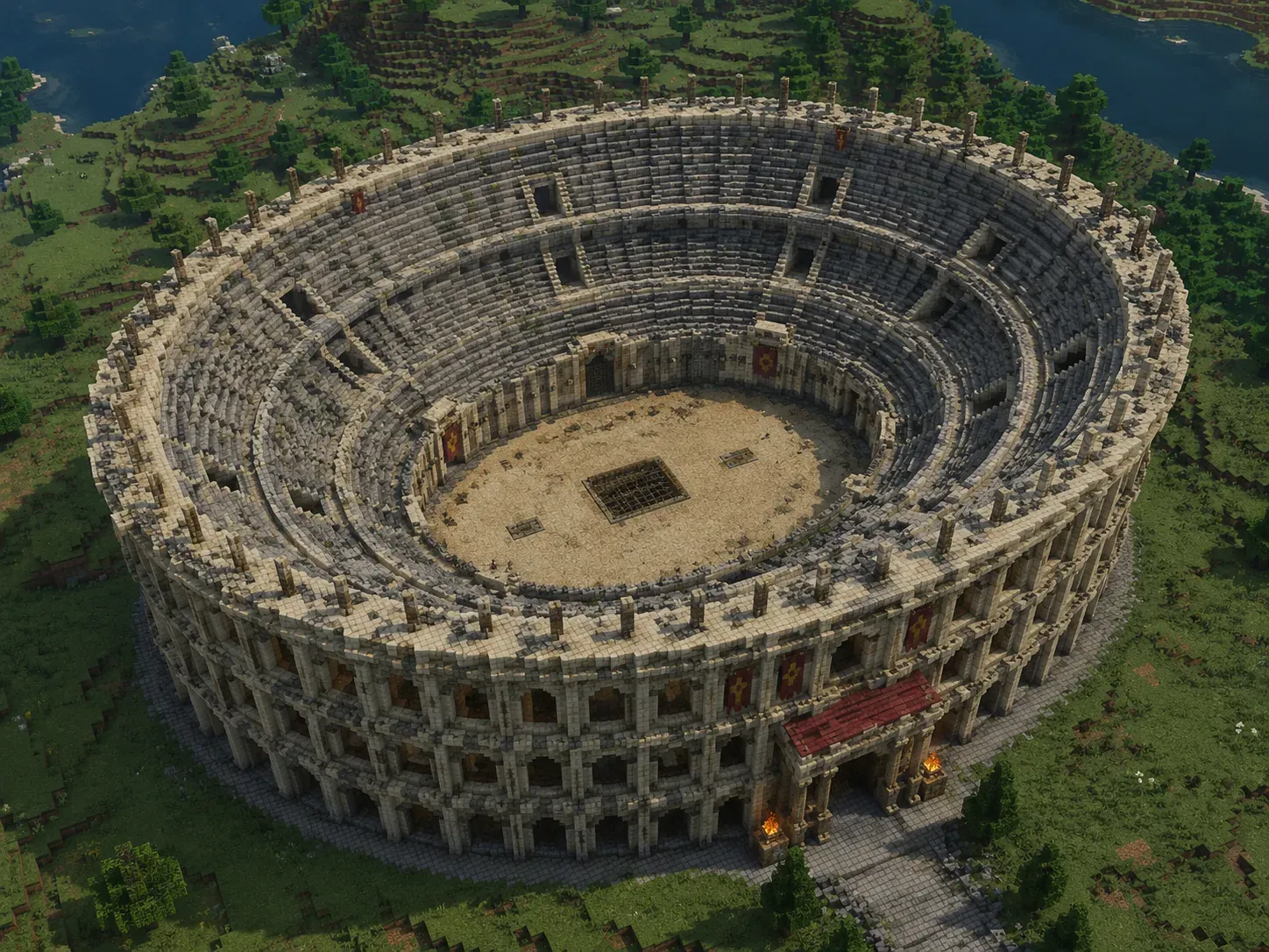 A Roman colosseum built in Minecraft on an oval footprint