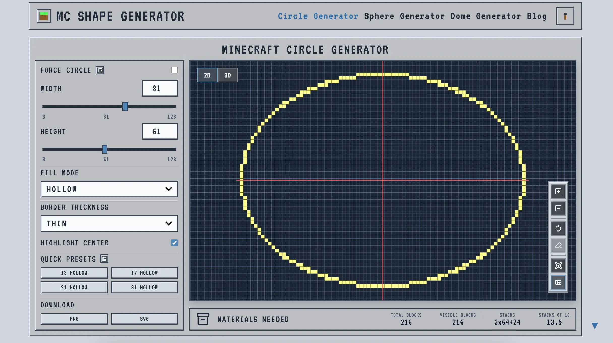 Minecraft oval colosseum footprint plotted at 81 by 61 in the circle generator with block counts