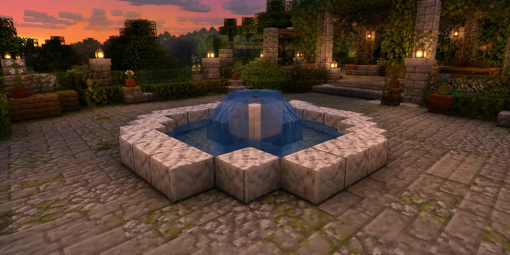 Minecraft round fountain design with diorite rim and quartz center, 9-block circle base