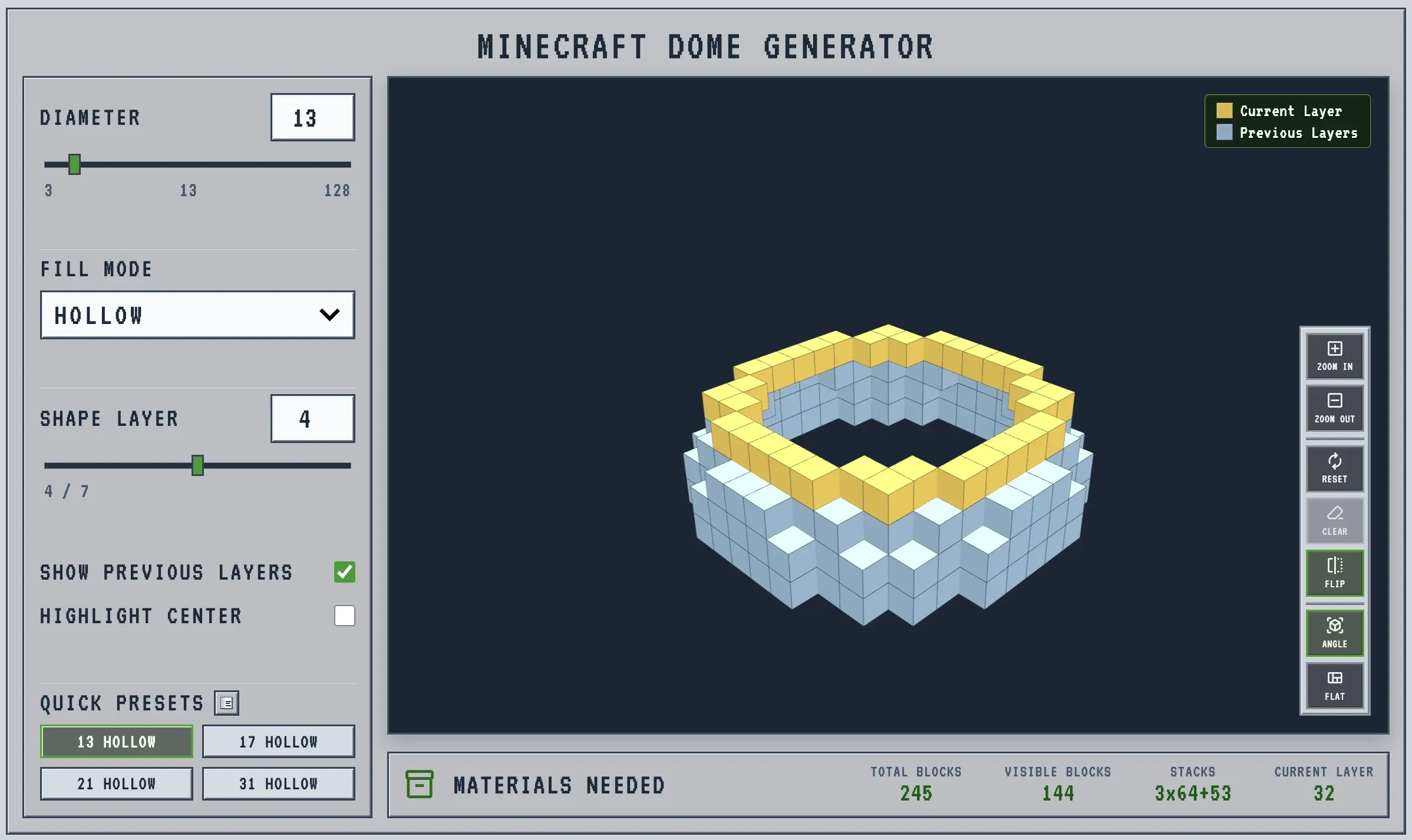 Minecraft dome generator showing a 13-wide dome cap layer by layer with block counts