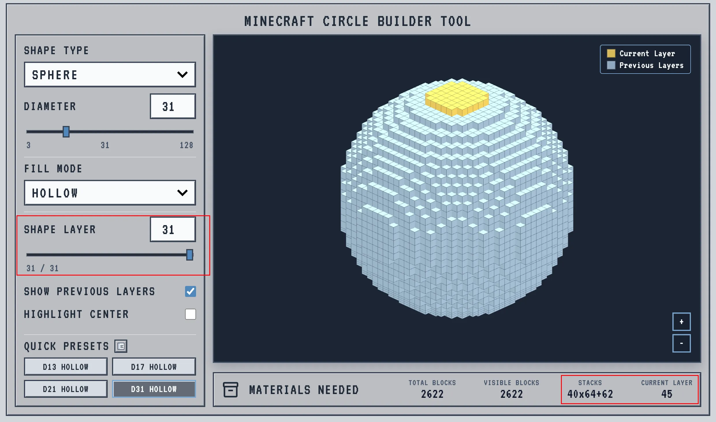 Materials panel showing block totals and stack math for a Minecraft sphere