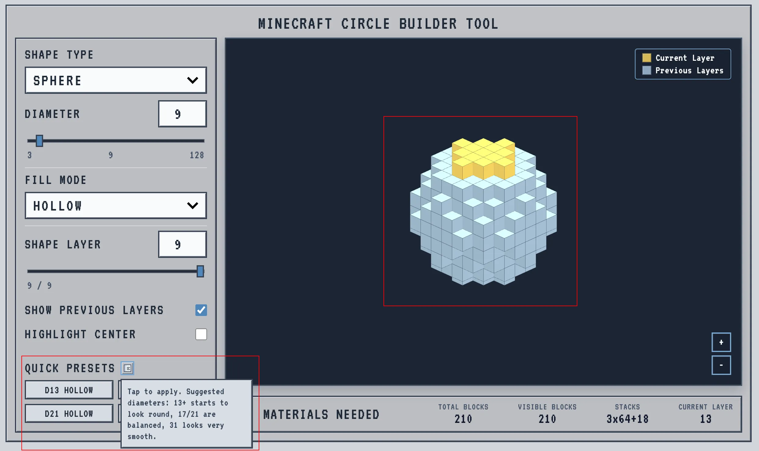 MC Shapes quick presets panel with D13, D17, D21, and D31 options