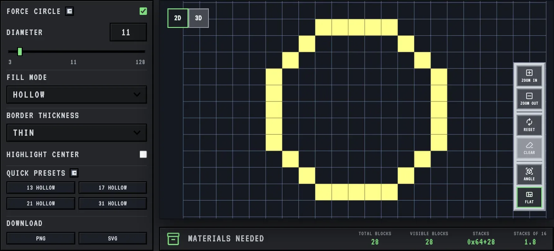 The 11 block wide hollow circle in the MC Shapes circle generator, 28 blocks, a clean one-block ring