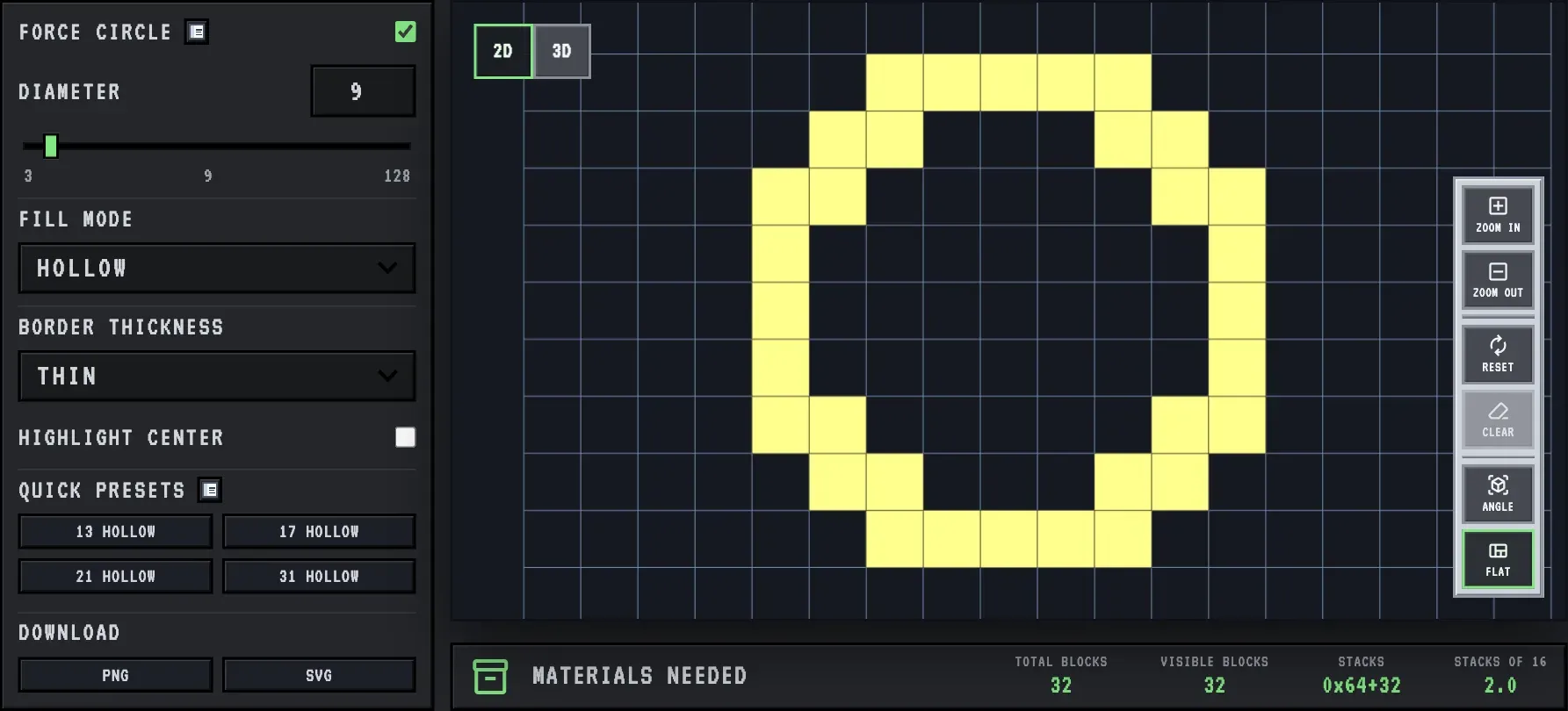 The 9 block wide hollow circle in the MC Shapes circle generator, 32 blocks, with doubled corner blocks on the diagonals