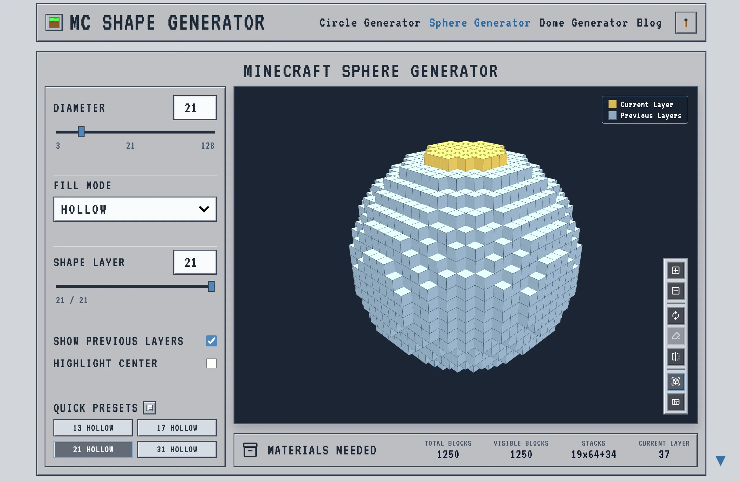 A 21-diameter Minecraft sphere previewed in the 3D sphere generator