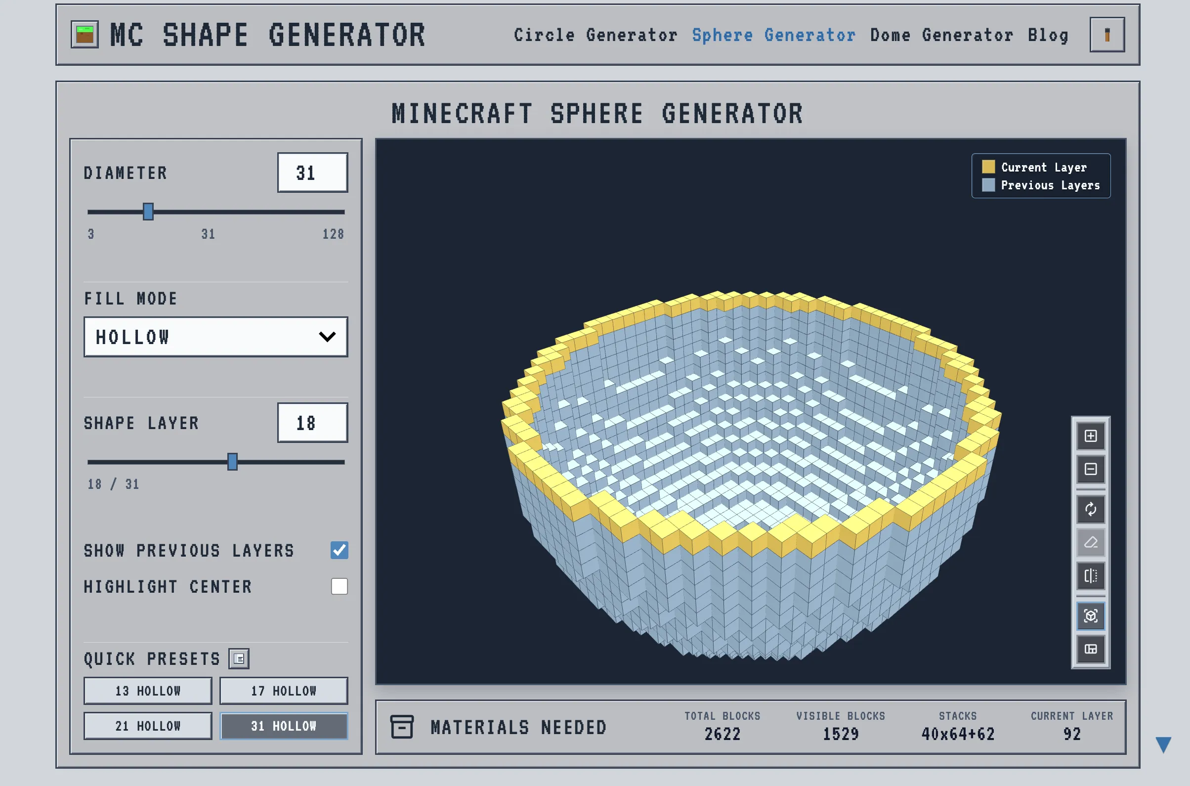 Layer slider on a diameter-31 Minecraft sphere at layer 18 with the current ring in yellow and previous layers ghosted gray below